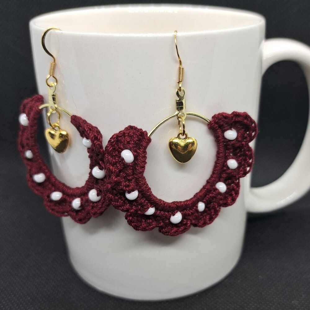 Hoop Dangle Earrings w/Heart Charm, Burgundy Crochet Trim w/Bead accent-Handmade